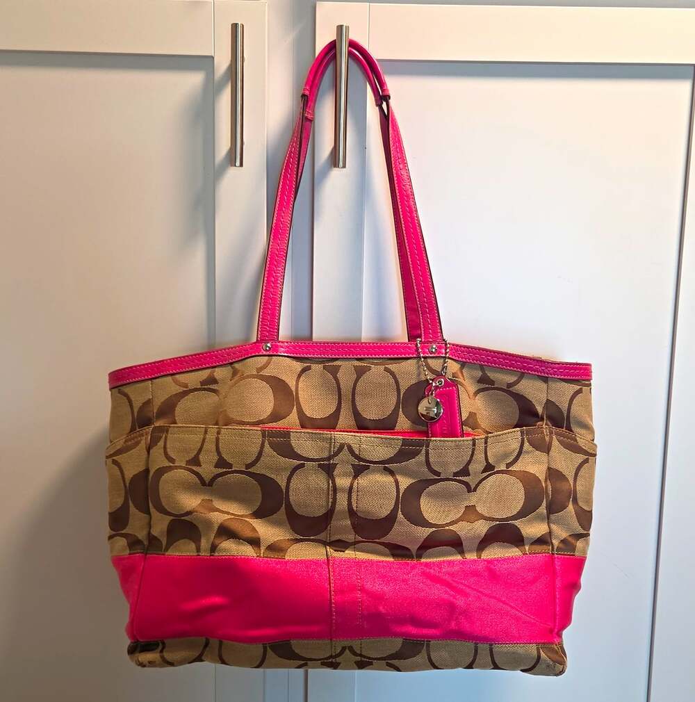 2000's Coach Signature Logo Tote Bag Large Brown Pink Diaper Bag Vtg Y2K
